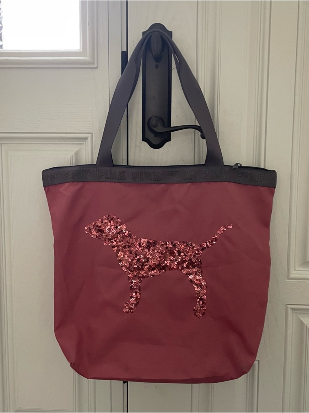 PINK Victoria's Secret Sequin Dog Tote in Berry Pink with Dark Trim